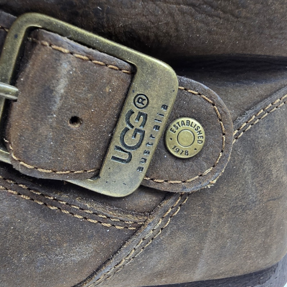 UGG Sutter Boots Women's 8 Brown Leather Shearling Lined Buckle Moto Biker Warm - Picture 4 of 9